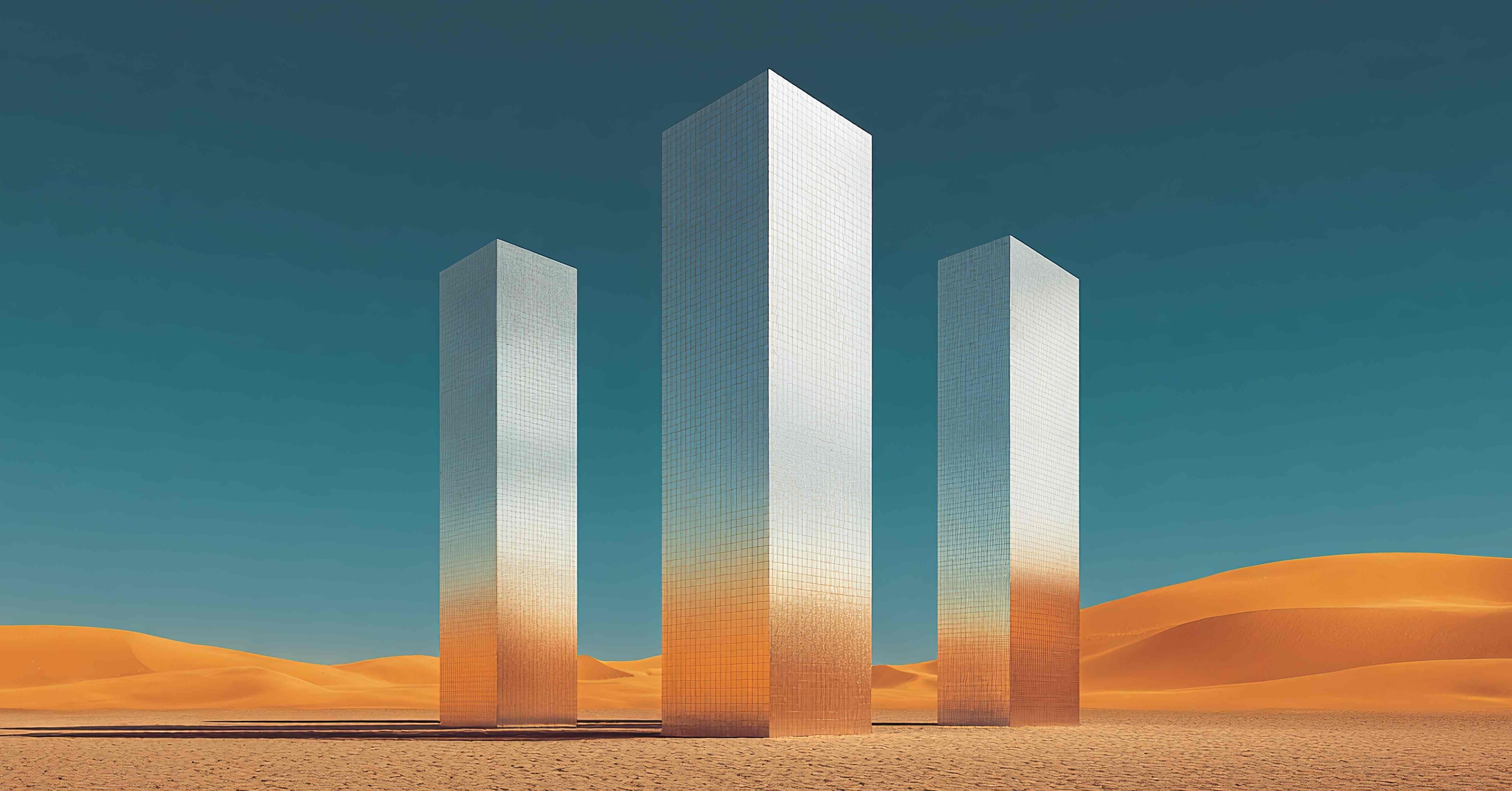 Three reflective pillars pierce a desert landscape under a clear blue sky, creating a surreal juxtaposition between modern forms and natural expanse. Horizon and sand meet.