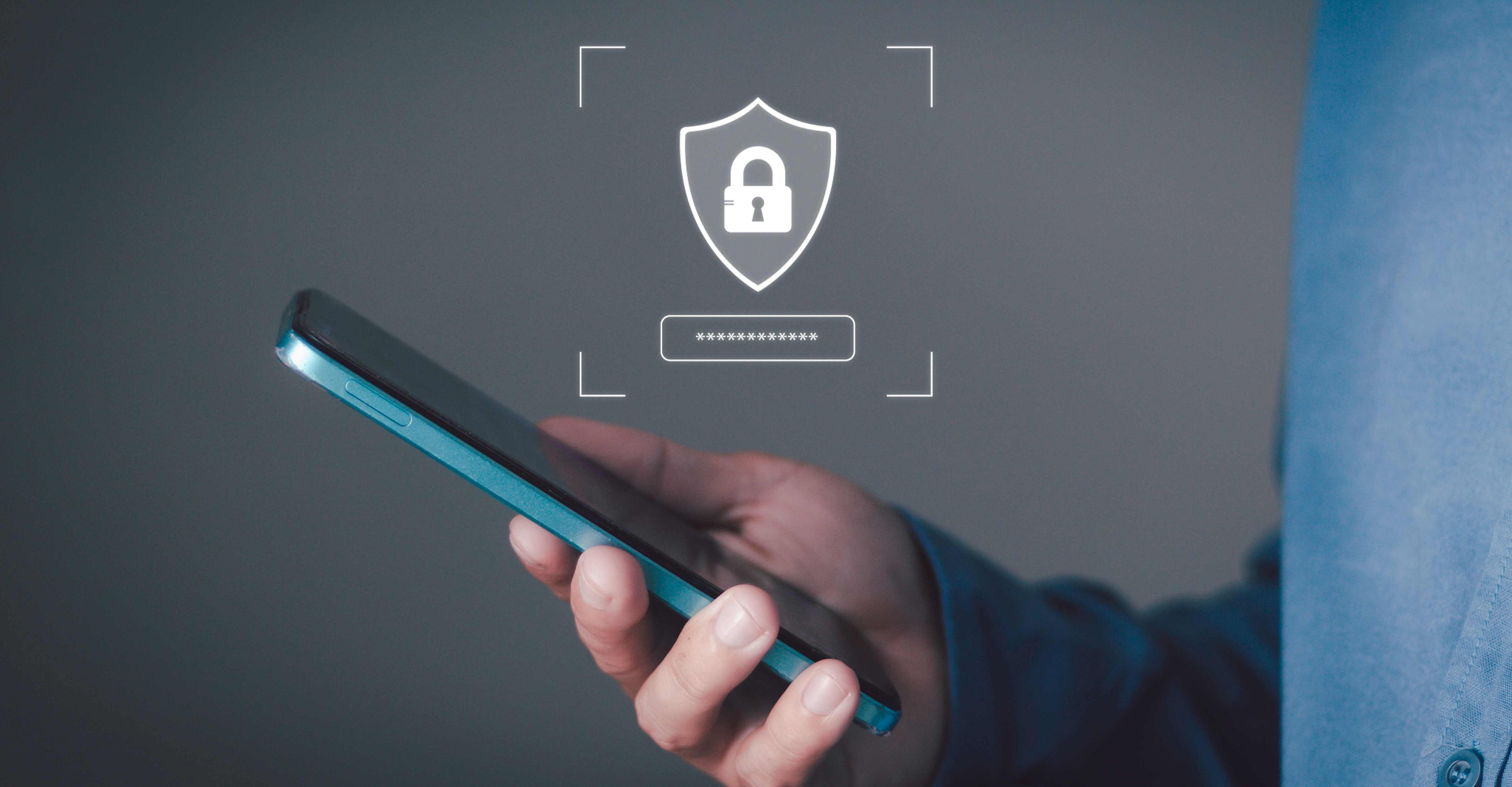 mobile security, OTP, encrypted login, two factor authentication (2FA), data protection, cybersecurity and safe access. Hand holding smartphone with digital shield and password icons.