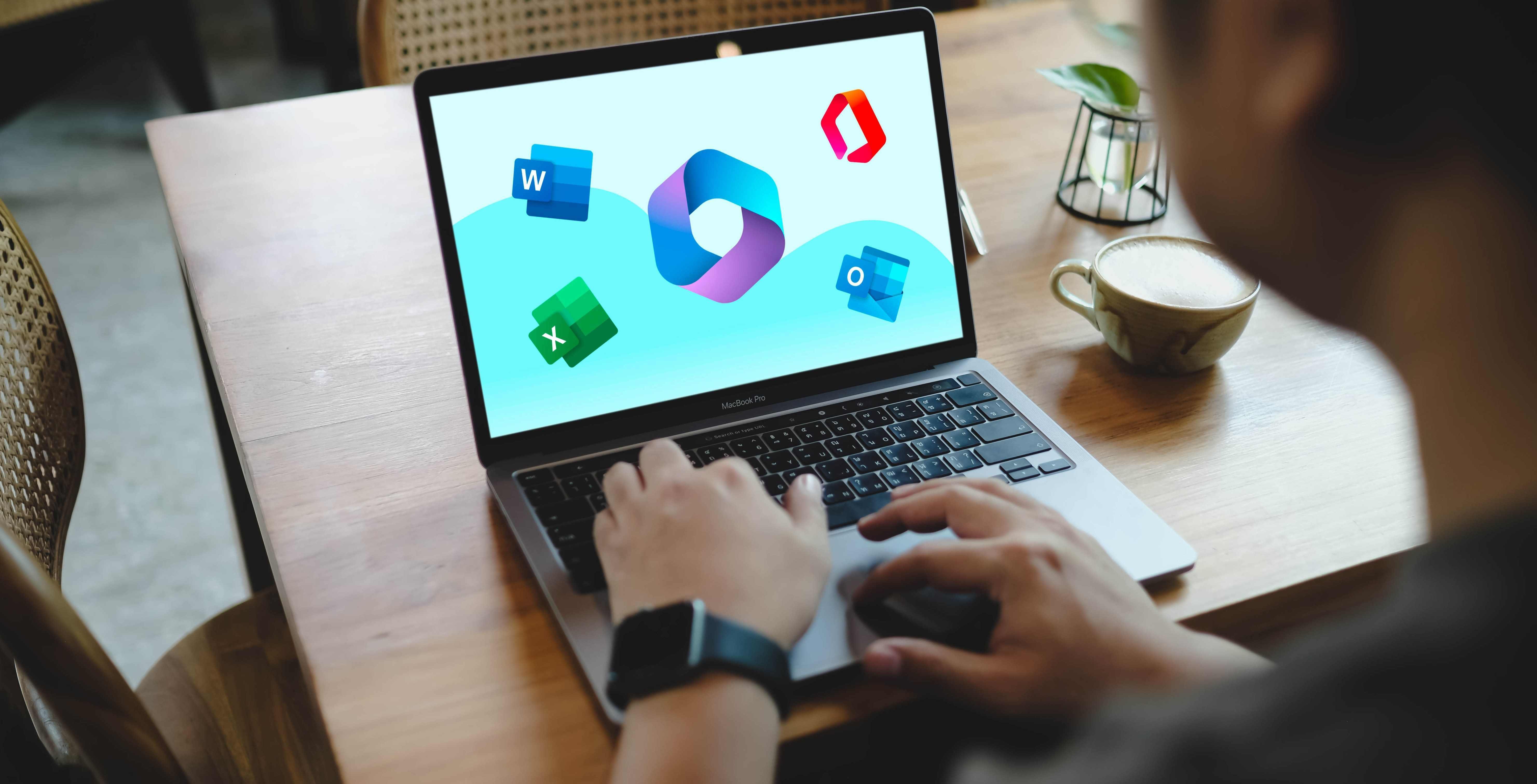 A person using the Microsoft 365 suite on a MacBook Pro, featuring logos for Word, Excel, Outlook, and M365 Copilot.
