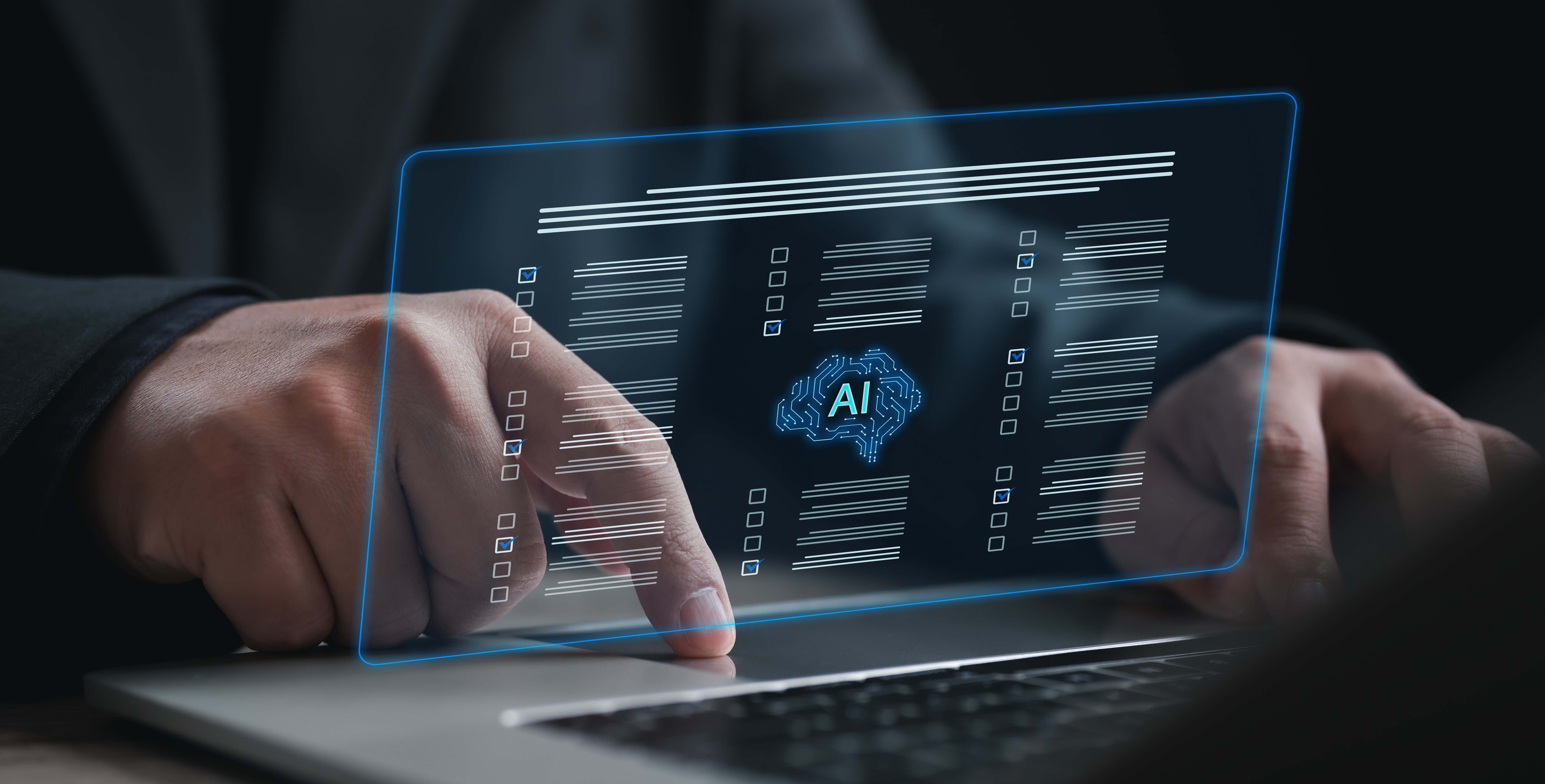 Business professional using AI system to verify data, process tasks, ensure accuracy, compliance, and efficient digital 