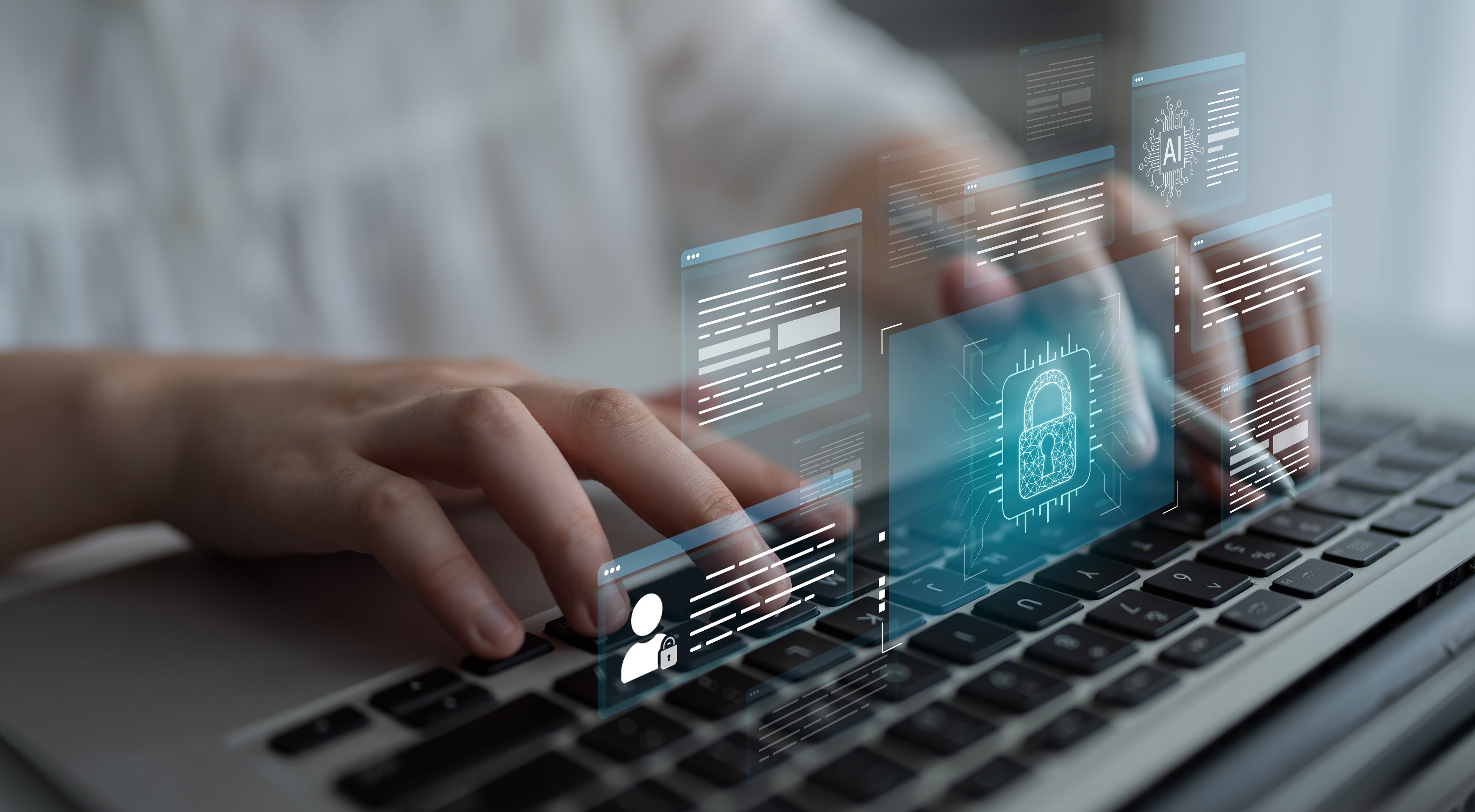 AI cybersecurity safeguards systems with encryption, access control, and AI secure data flow. Futuristic cyber security featuring AI digital shield, zero trust and AI threat detection system