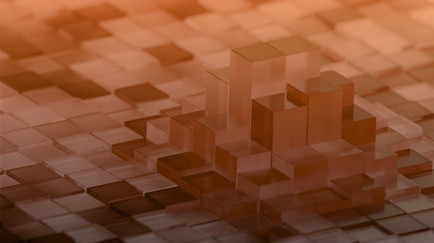 3d abstract render of glass cubes in grid forming data trend