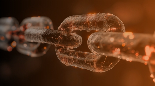 Abstract transparent glass chain links with glowing red and teal neon lights on dark background, blockchain connection and cybersecurity technology concept