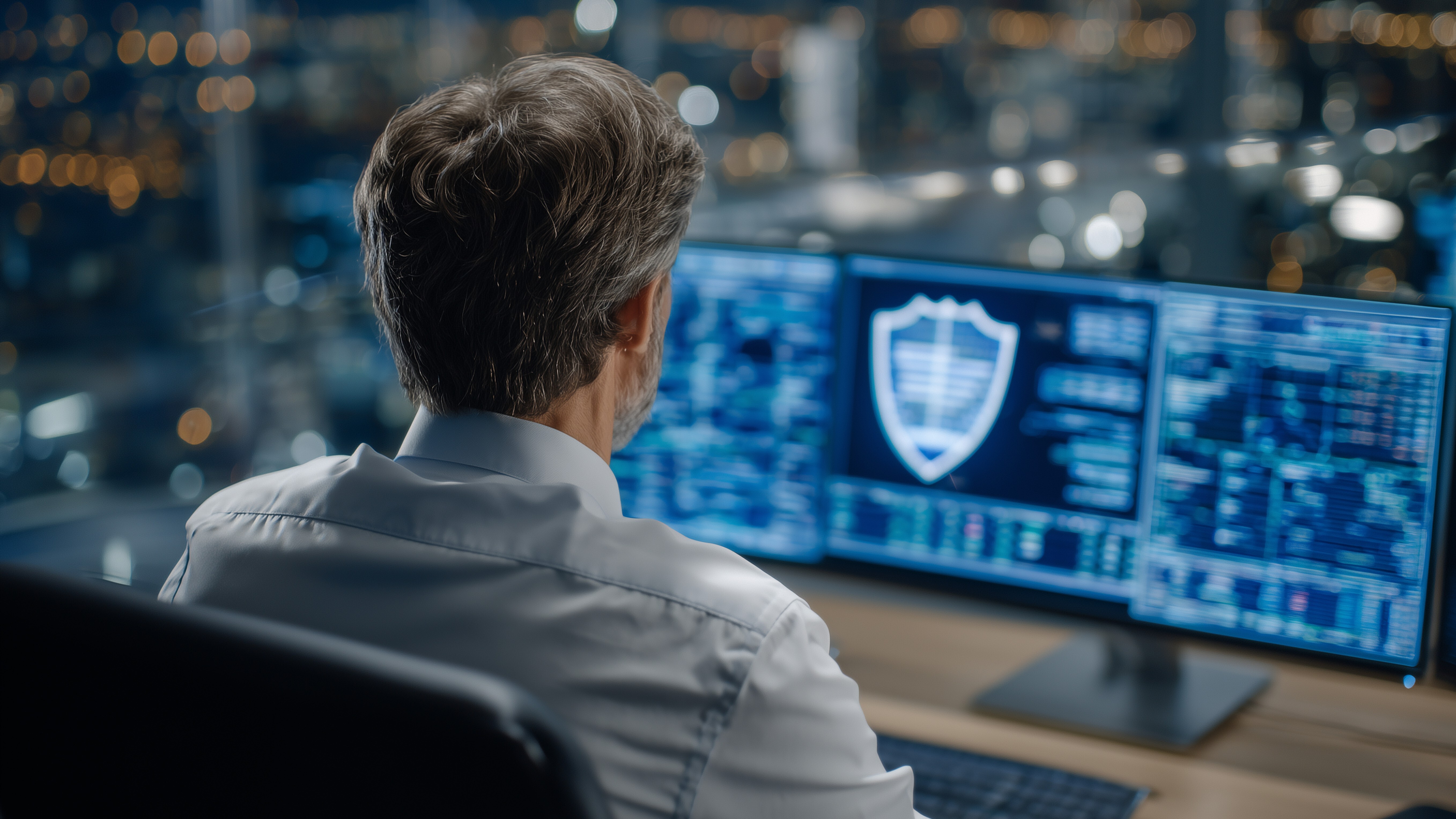 AI system monitoring cybersecurity threats in real time, shown as dynamic holograms and alert notifications surrounding a focused IT specialist