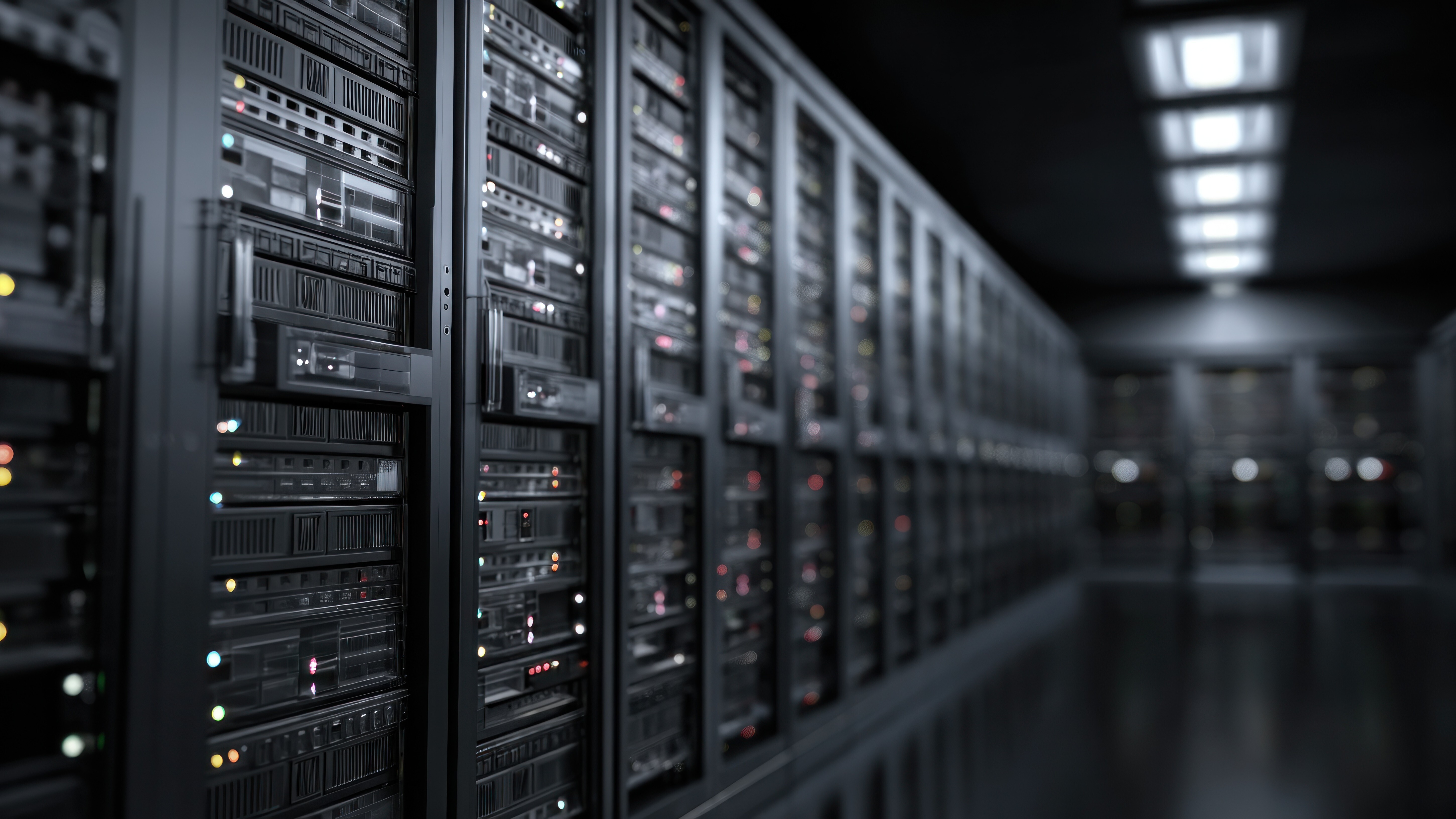 Dark grey server racks in modern data center technology background