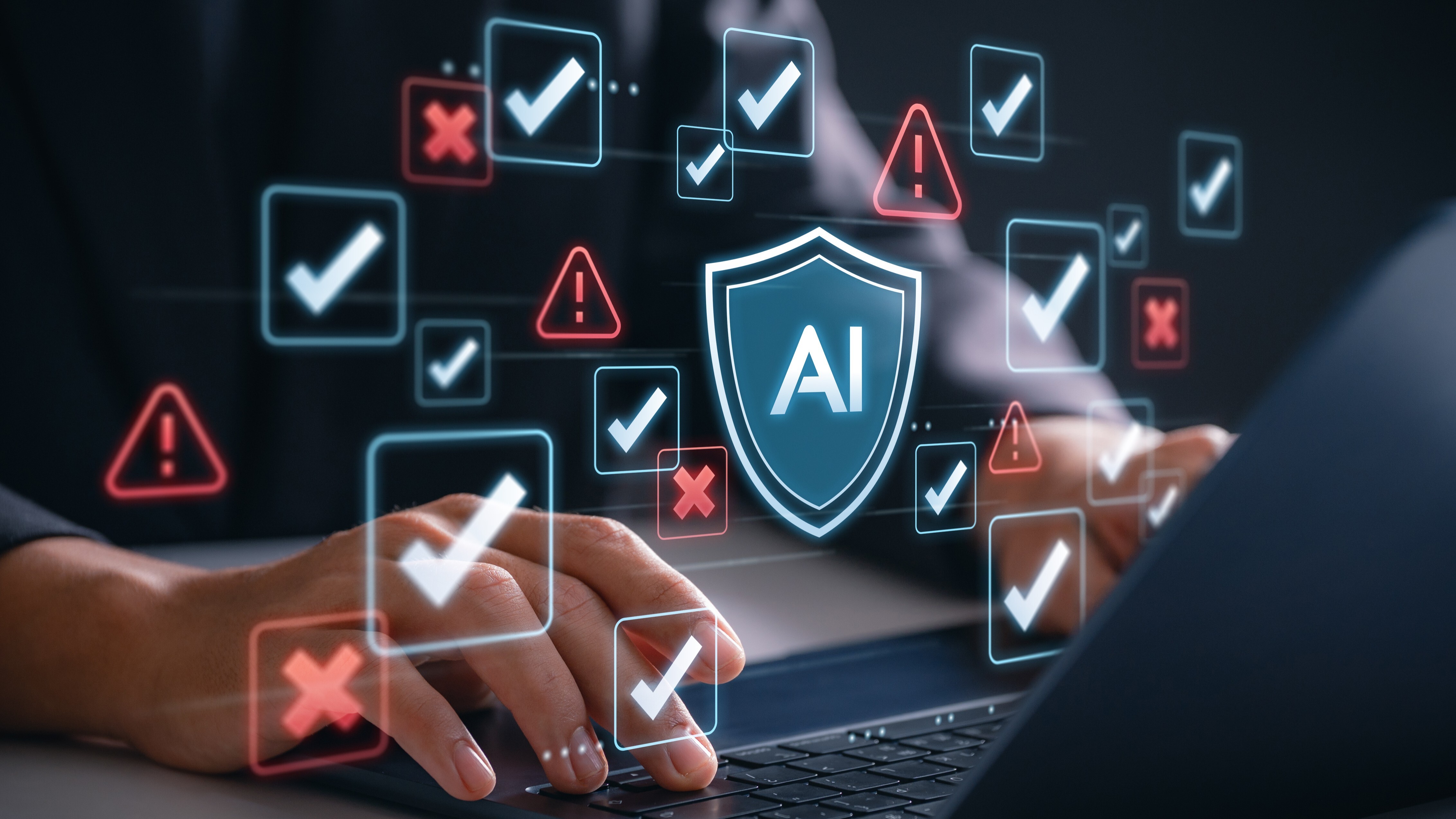 AI risk management and ethics safety concept with checklist and alert icons floating over laptop as professional ensures responsible artificial intelligence system through compliance and validation