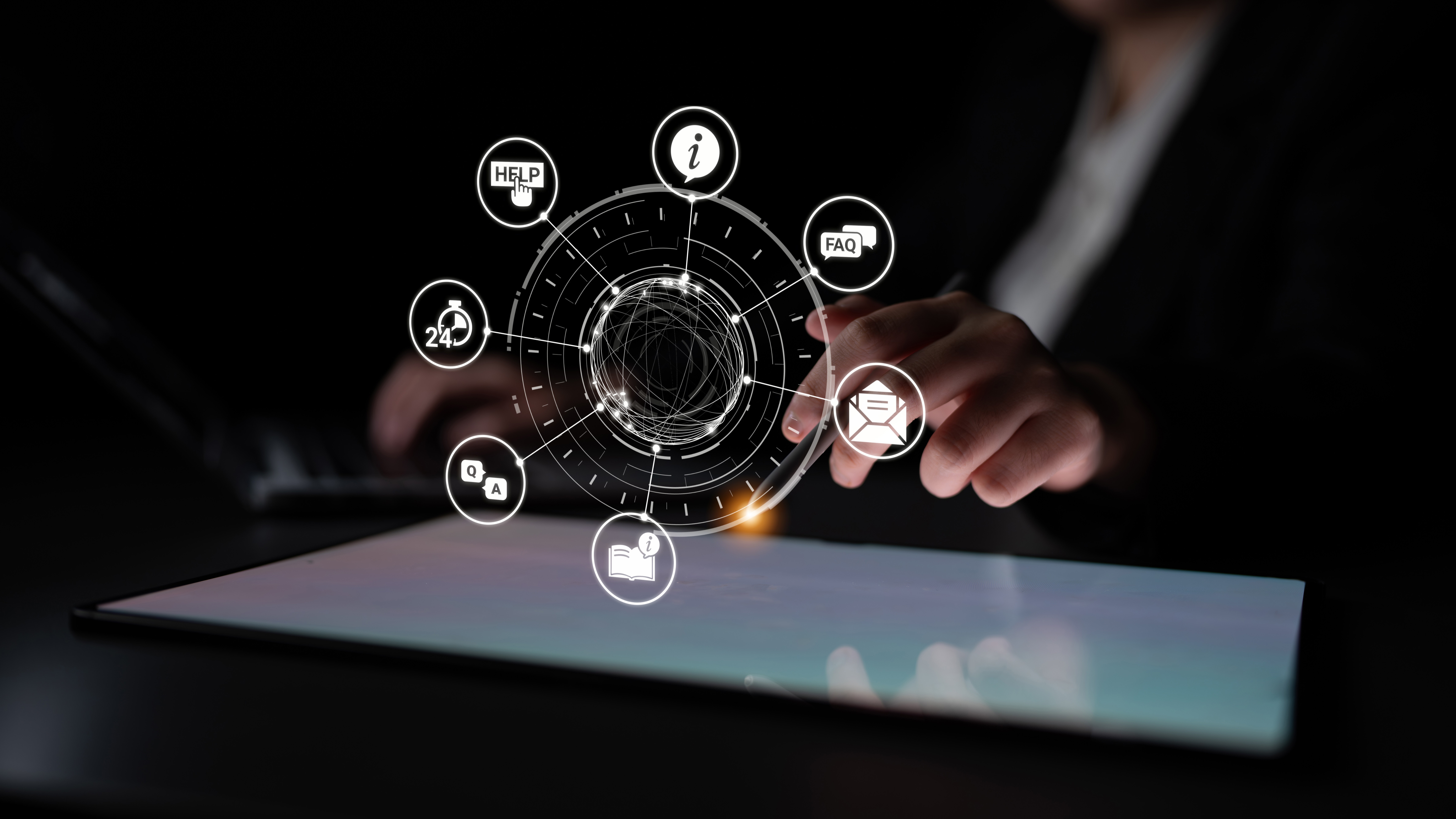 FAQ and online help icons show question, answer, and support system. FAQ improves online help experience, customer service quality, and FAQ knowledge access.