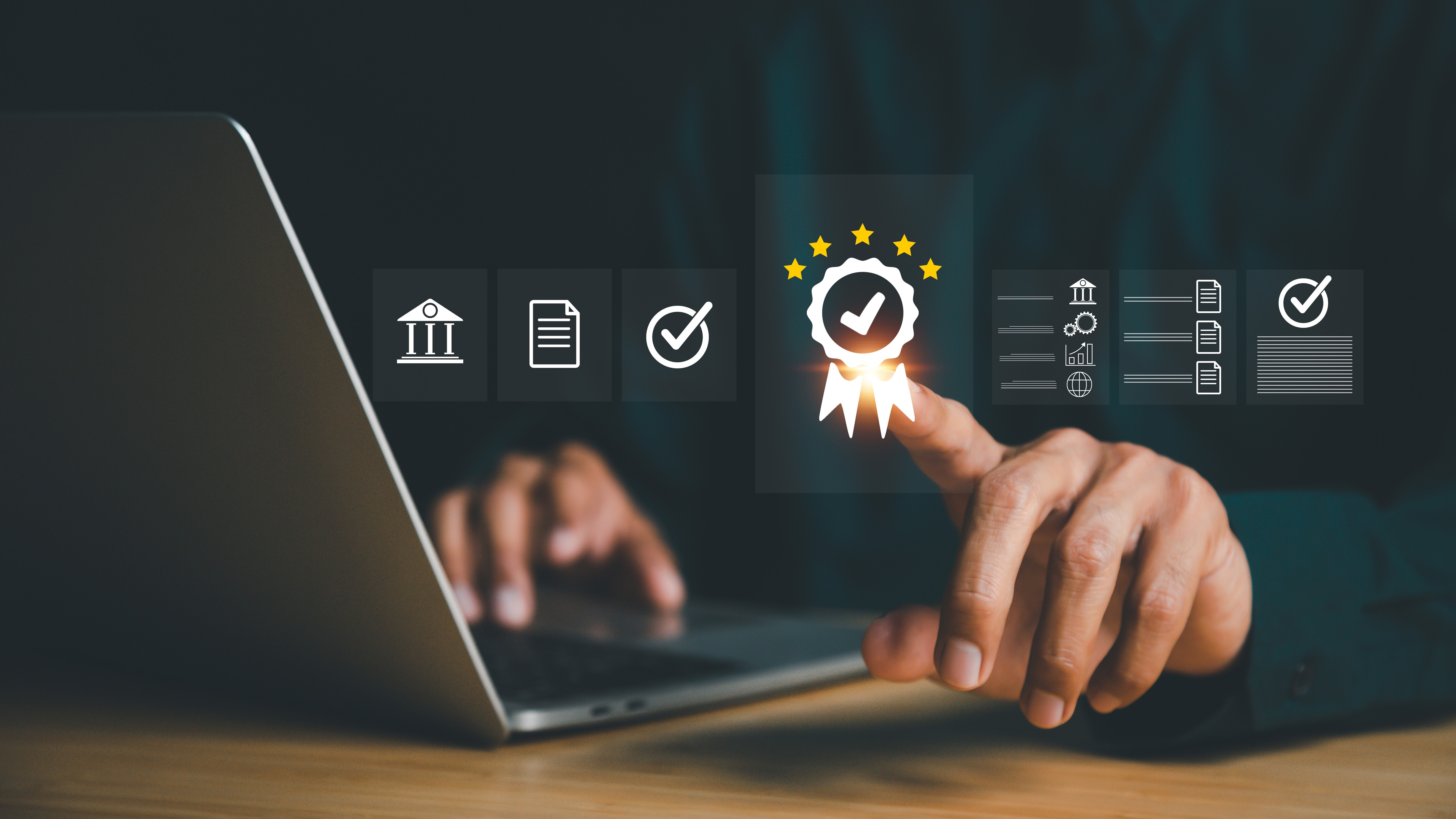 Businessman Hand shows the sign of the top service the best Quality assurance, Guarantee, Standards, ISO certification The company's product quality certificate is compliant.