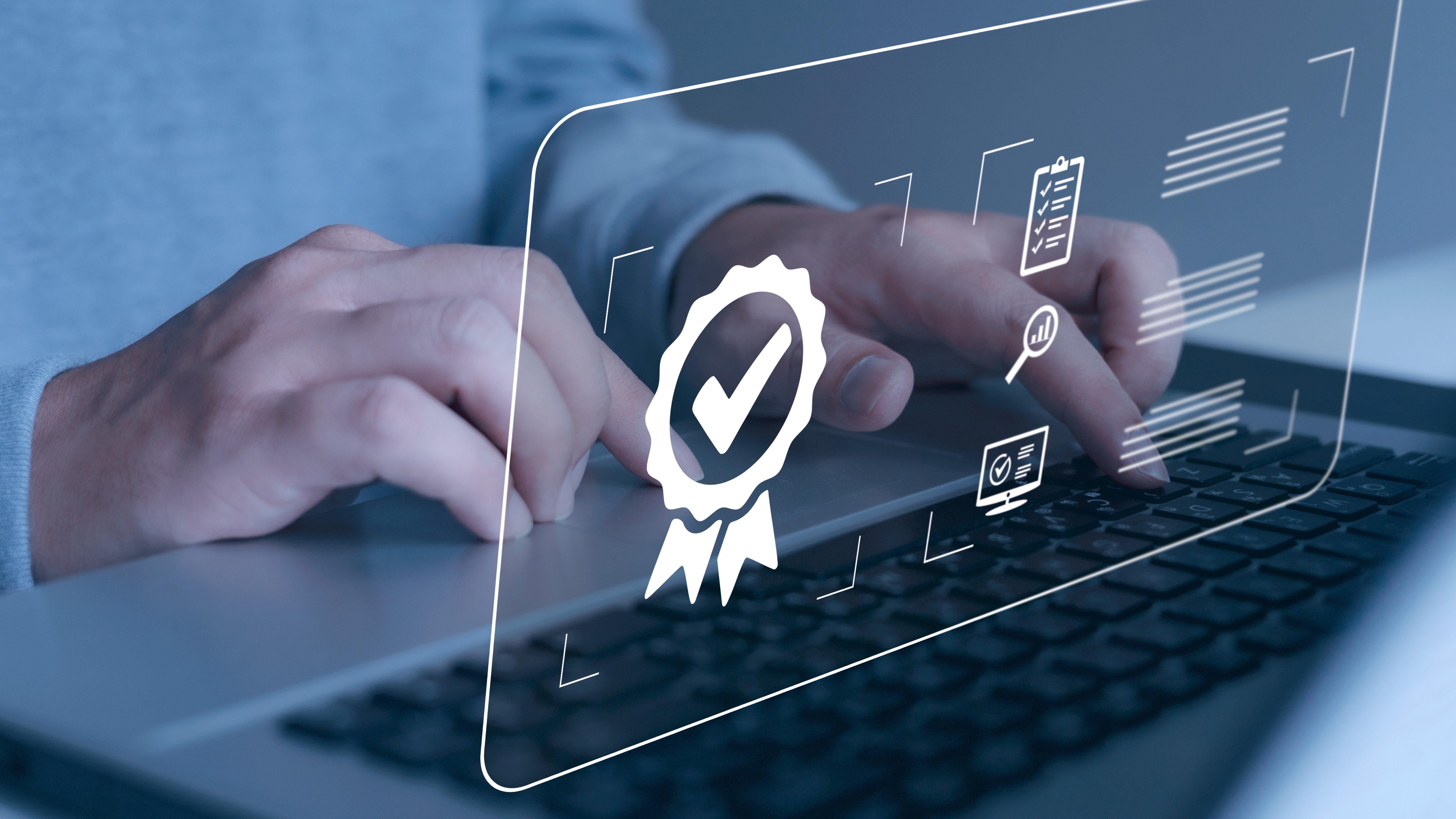 The certification concept meets the requirements and standards. Businessman and quality assurance icon on virtual screen Standard Certification