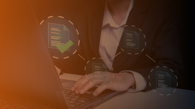 Digital Document Verification A professional diligently works on a laptop, with digital documents floating in the foreground, each bearing a prominent checkmark signifying completion.
