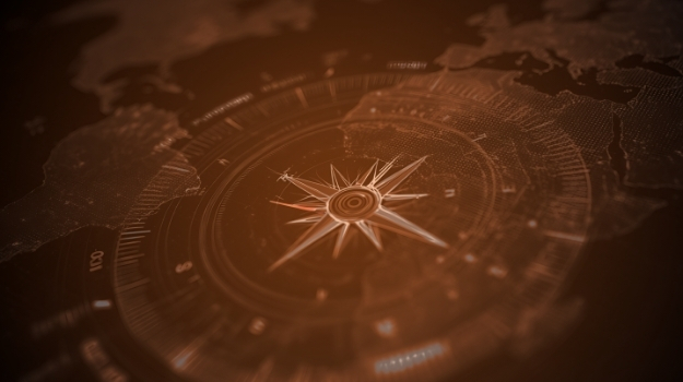 Futuristic digital compass on world map, glowing orange global navigation interface, high tech HUD
