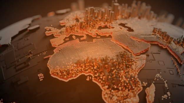 Futuristic gold Earth globe with glowing continents and city silhouettes for global technology imagery concept