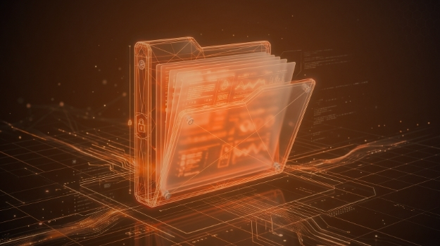 GDPR compliance with a glowing wireframe folder, documents, and a padlock icon, symbolizing data privacy, cybersecurity, and secure information management.